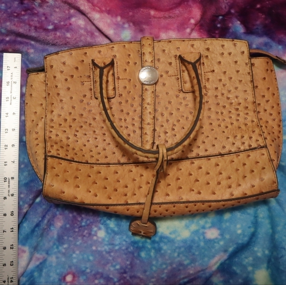 FAUX OSTRICH BAG London Fog Camel Brown Tan Satchel Purse Exotic Leather Buckle - Picture 13 of 16